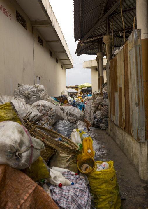 Benin, West Africa, Cotonou, bottles gathered for recycling in dantokpa market