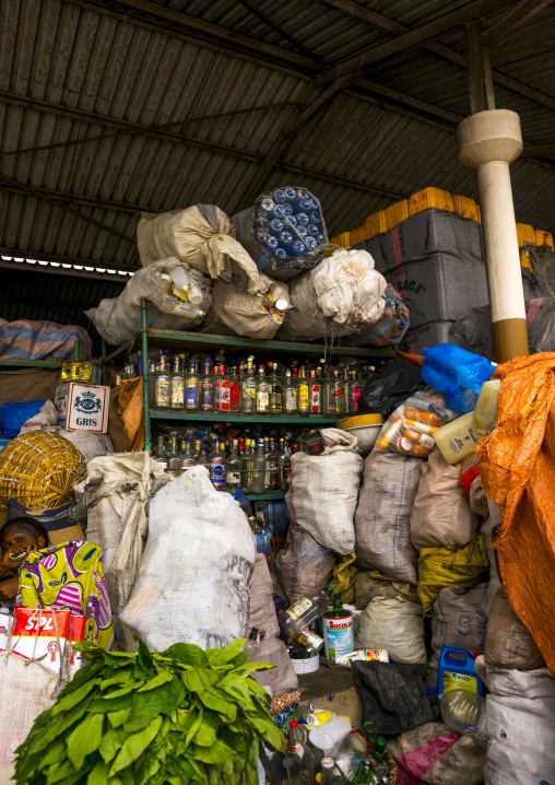 Benin, West Africa, Cotonou, bottles gathered for recycling in dantokpa market