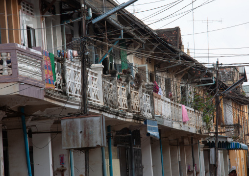 Old colonial buildings with balconies, Battambang province, Battambang, Cambodia