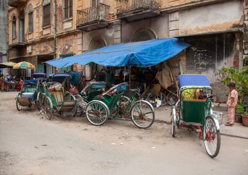 Pedicabs parked in the streets, Phnom Penh province, Phnom Penh, Cambodia