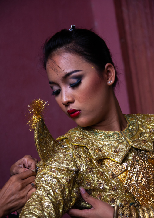 Cambodian dancer dressing for a training session of the national ballet, Phnom Penh province, Phnom Penh, Cambodia