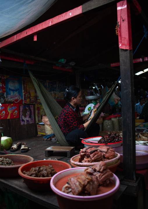 Cambodian woman on a hammock selling pork meat in a market, Phnom Penh province, Phnom Penh, Cambodia