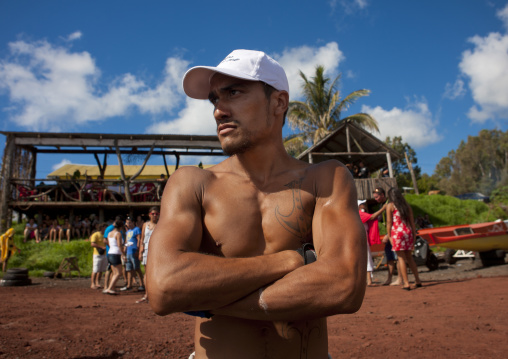 Tattooed Man Ready For Canoe Competition, Easter Island, Chile