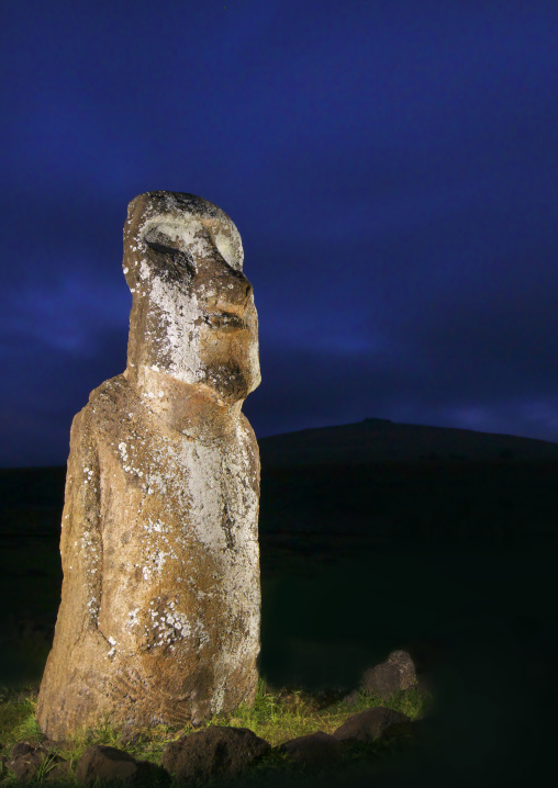 Monolithic Moai Statue At Night At Ahu Tongariki, Easter Island, Chile