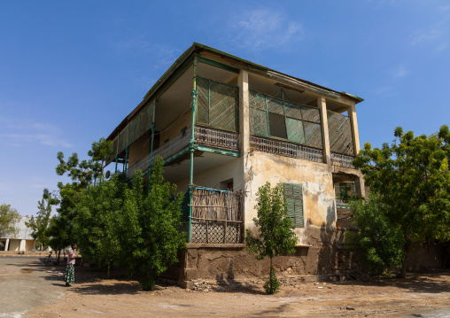 Old colonial building with green wooden balcony, Northern Red Sea, Massawa, Eritrea