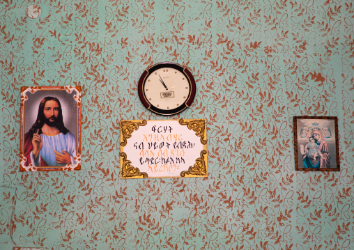 Religious decorations on a wall in a shop, Central region, Asmara, Eritrea