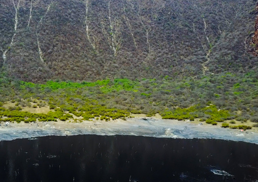 Aerial view of the volcano crater where Borana tribe men dive to collect salt, Oromia, El Sod, Ethiopia
