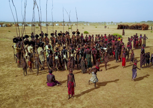 Aerial view of dimi ceremony in the Dassanech tribe to celebrate circumcision of teenagers, Omo Valley, Omorate, Ethiopia
