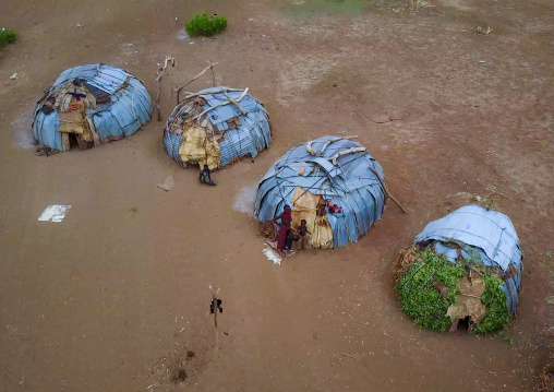 Aerial view of the village built for the dimi ceremony in the Dassanech tribe to celebrate circumcision of teenagers, Omo Valley, Omorate, Ethiopia