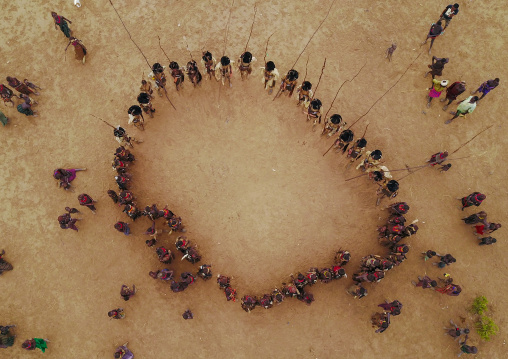 Aerial view of dimi ceremony in the Dassanech tribe to celebrate circumcision of teenagers, Omo Valley, Omorate, Ethiopia