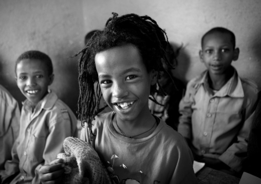 Black And White Photo Of Rasta Kids With Toothy Smile In Shashemene Jamaican School, Oromia Region, Ethiopia