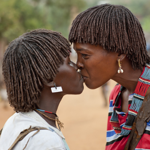Two Banna Women Kissing Lips Omo Valley Ethiopia