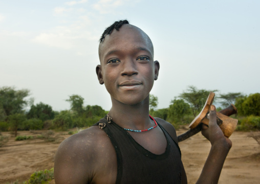 Bana Young Man Carrying Wooden Carved Headrest Omo Valley Ethiopia