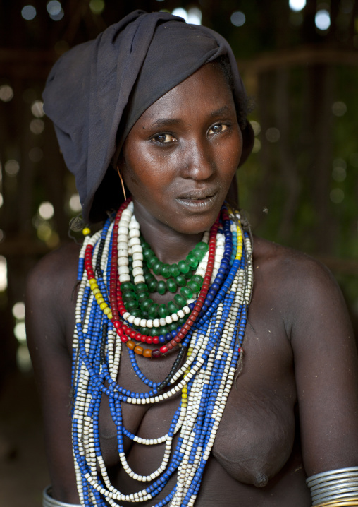 Portrait Of Beautiful Erbore Tribe Woman Wearing Beaded Necklace,  Omo Valley, Ethiopia