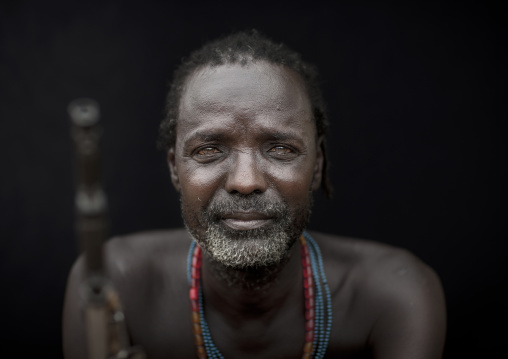 Ill Eyed Karo Man Portrait With Kalashnikov Barrel Omo Valley Ethiopia