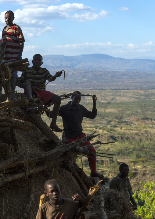 Konso Tribe Men Building A Mora, The Common House, Konso Village, Omo Valley, Ethiopia