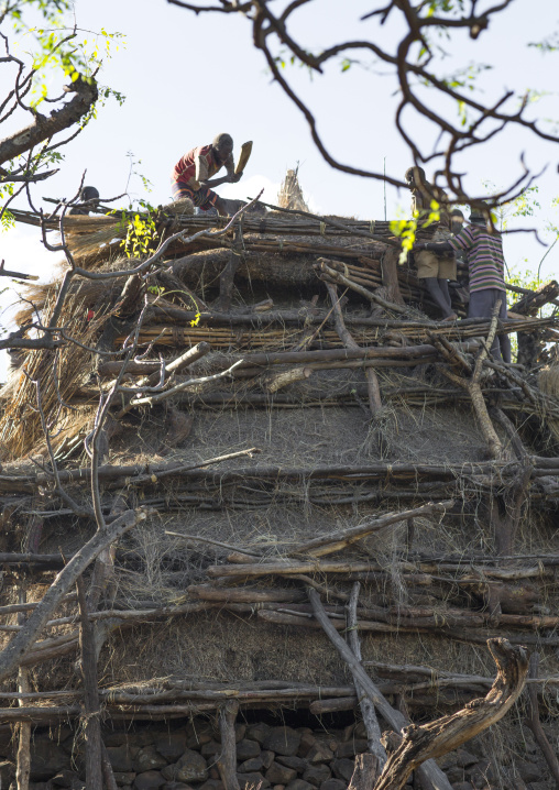 Konso Tribe Men Building A Mora, The Common House, Konso Village, Omo Valley, Ethiopia