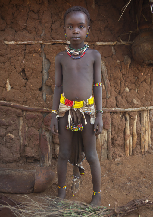 Litte Hamer Girl Tribe In Traditional Outfit, Turmi, Omo Valley, Ethiopia
