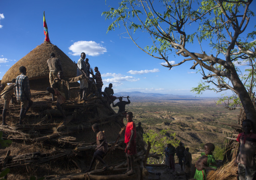 Konso Tribe Men Building A Mora, The Common House, Konso Village, Omo Valley, Ethiopia