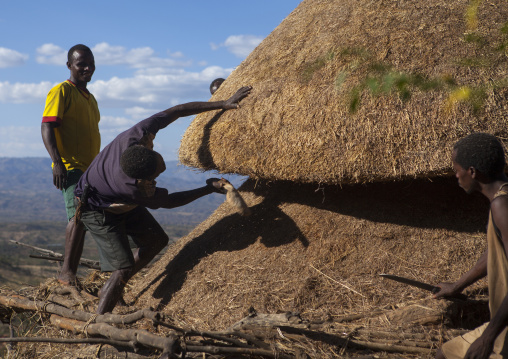 Konso Tribe Men Building A Mora, The Common House, Konso Village, Omo Valley, Ethiopia