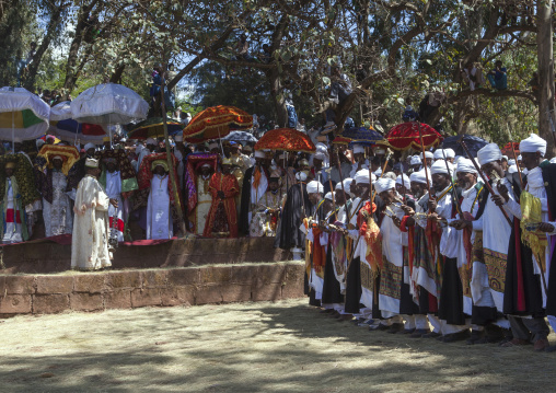 Priests Carrying Some Covered Tabots On Their Heads During Timkat Epiphany Festival, Lalibela, Ethiopia