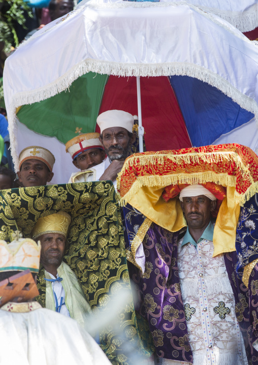 Priests Carrying Some Covered Tabots On Their Heads During Timkat Epiphany Festival, Lalibela, Ethiopia