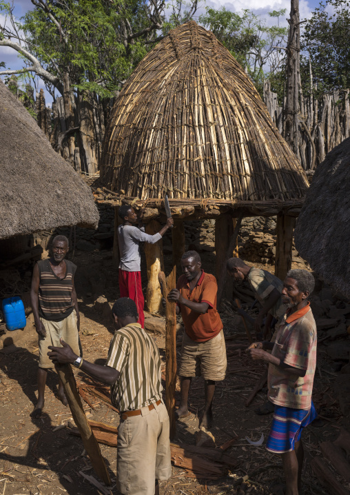 Konso Tribe Men Building A Mora, The Common House, Konso Village, Omo Valley, Ethiopia