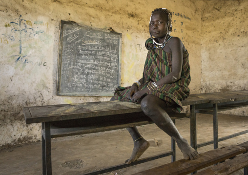 Mursi Tribe Girl In A Classroom, Hail Wuha Village, Ethiopia