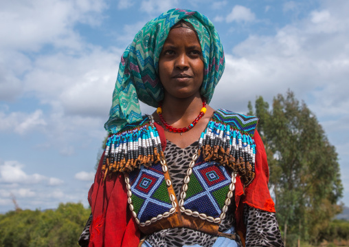 Raya tribe woman with a beaded baby carrier, Semien wollo zone, Woldia, Ethiopia