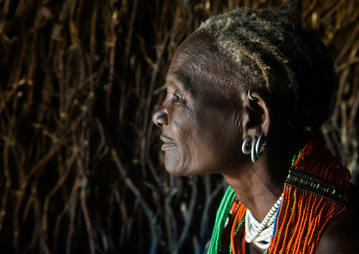 Toposa tribe woman with earrings, Omo valley, Kangate, Ethiopia
