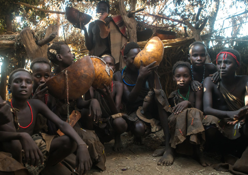 Circumcised boys from the dassanech tribe staying together until they are healed, Omo valley, Omorate, Ethiopia