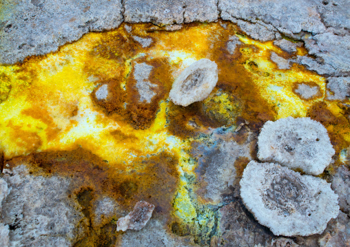 The colorful potassium salt crust formed by hot springs in the danakil depression, Afar region, Dallol, Ethiopia