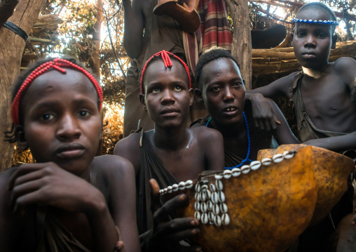 Circumcised boys from the dassanech tribe staying together until they are healed, Omo valley, Omorate, Ethiopia