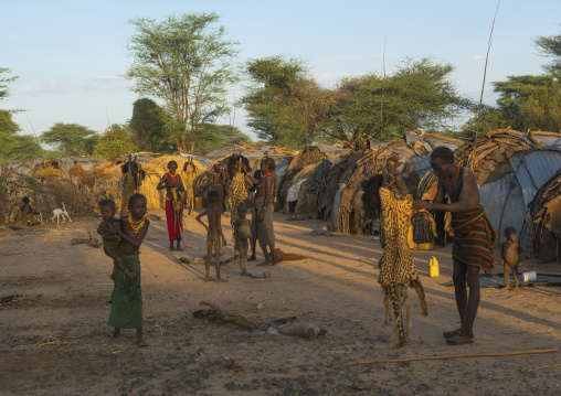 Dassanech men put on leopard skins and ostrich feathers headdresses to join dimi ceremony to celebrate circumcision of teenagers, Omo valley, Omorate, Ethiopia