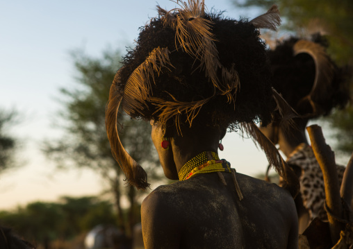 Dassanech men with leopard skins and ostrich feathers headwears during dimi ceremony to celebrate circumcision of teenagers, Omo valley, Omorate, Ethiopia