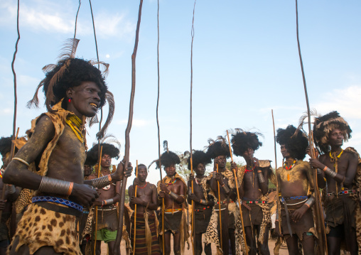 Dassanech men with leopard skins and ostrich feathers headwears during dimi ceremony to celebrate circumcision of teenagers, Omo valley, Omorate, Ethiopia