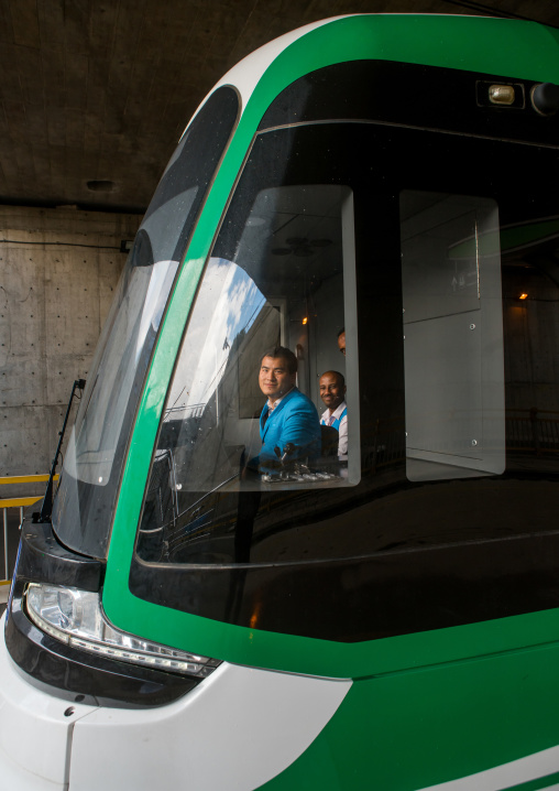 Tram with a chinese driver in ethiopian railways constructed by china, Addis abeba region, Addis ababa, Ethiopia
