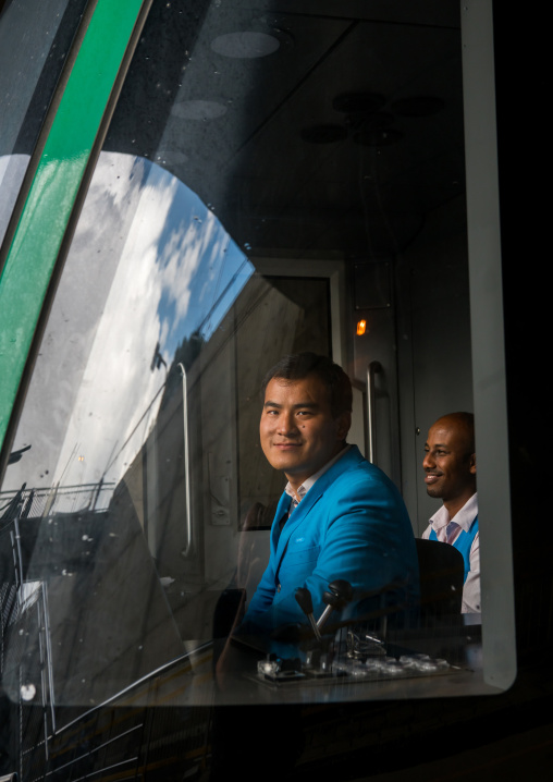 Tram with a chinese driver in ethiopian railways constructed by china, Addis abeba region, Addis ababa, Ethiopia