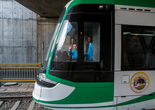 Tram with a chinese driver in ethiopian railways constructed by china, Addis abeba region, Addis ababa, Ethiopia