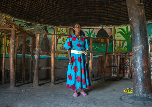 Ethiopia, Kembata, Alaba Kuito, ethiopian woman inside her traditional painted and decorated house