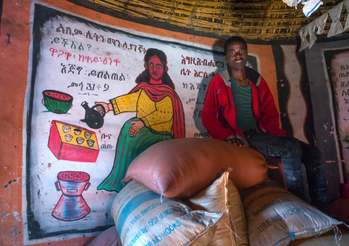 Ethiopia, Kembata, Alaba Kuito, ethiopian boy inside his traditional painted and decorated house