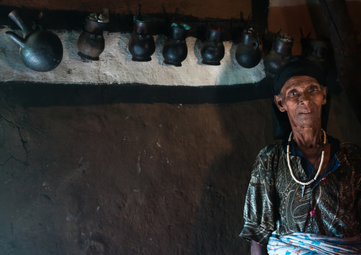Ethiopia, Kembata, Alaba Kuito, ethiopian woman inside her traditional decorated house