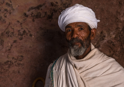 Ethiopian priest mergeto detu during kidane mehret orthodox celebration, Amhara region, Lalibela, Ethiopia