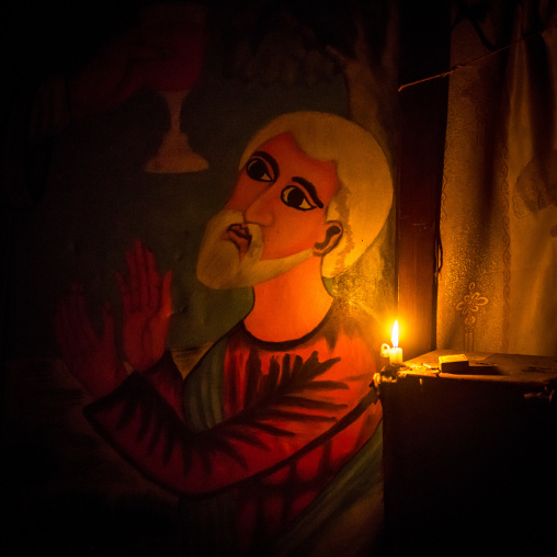 Detail of a painting inside a rock church, Amhara region, Lalibela, Ethiopia