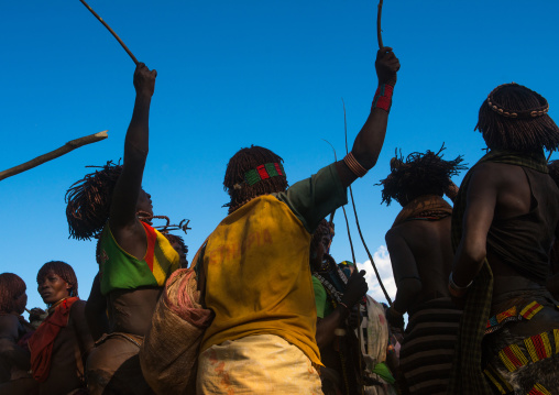 Hamer tribe women dancing during a bull jumping ceremony, Omo valley, Turmi, Ethiopia