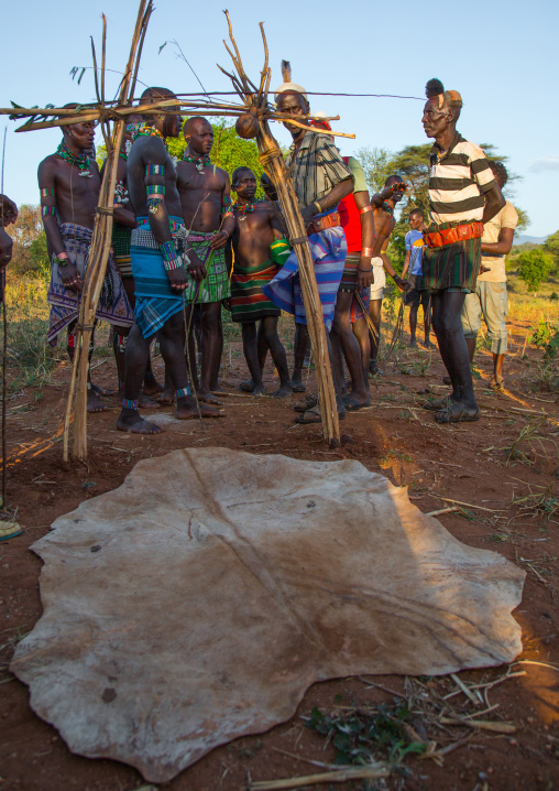 Hamer tribe men passing thru a symbolic door during a bull jumping ceremony, Omo valley, Turmi, Ethiopia