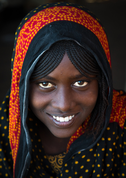 Portrait of a smiling Afar tribe teenage girl with braided hair, Afar region, Mile, Ethiopia