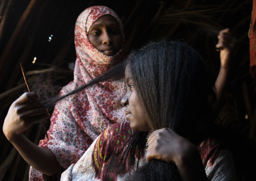Afar woman having a traditional hairstyle inside her hut, Afar region, Afambo, Ethiopia