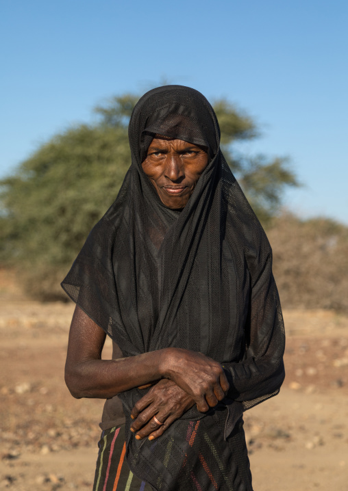 Portrait of a senior Afar tribe woman with a black veil, Afar region, Chifra, Ethiopia