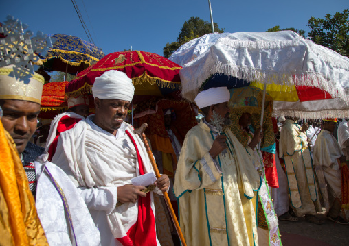 Ethiopian orthodox priests procession celebrating the colorful Timkat epiphany festival, Amhara region, Lalibela, Ethiopia